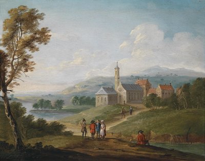 River Landscape with a Village and Wanderers by Jan Pieter van Bredael